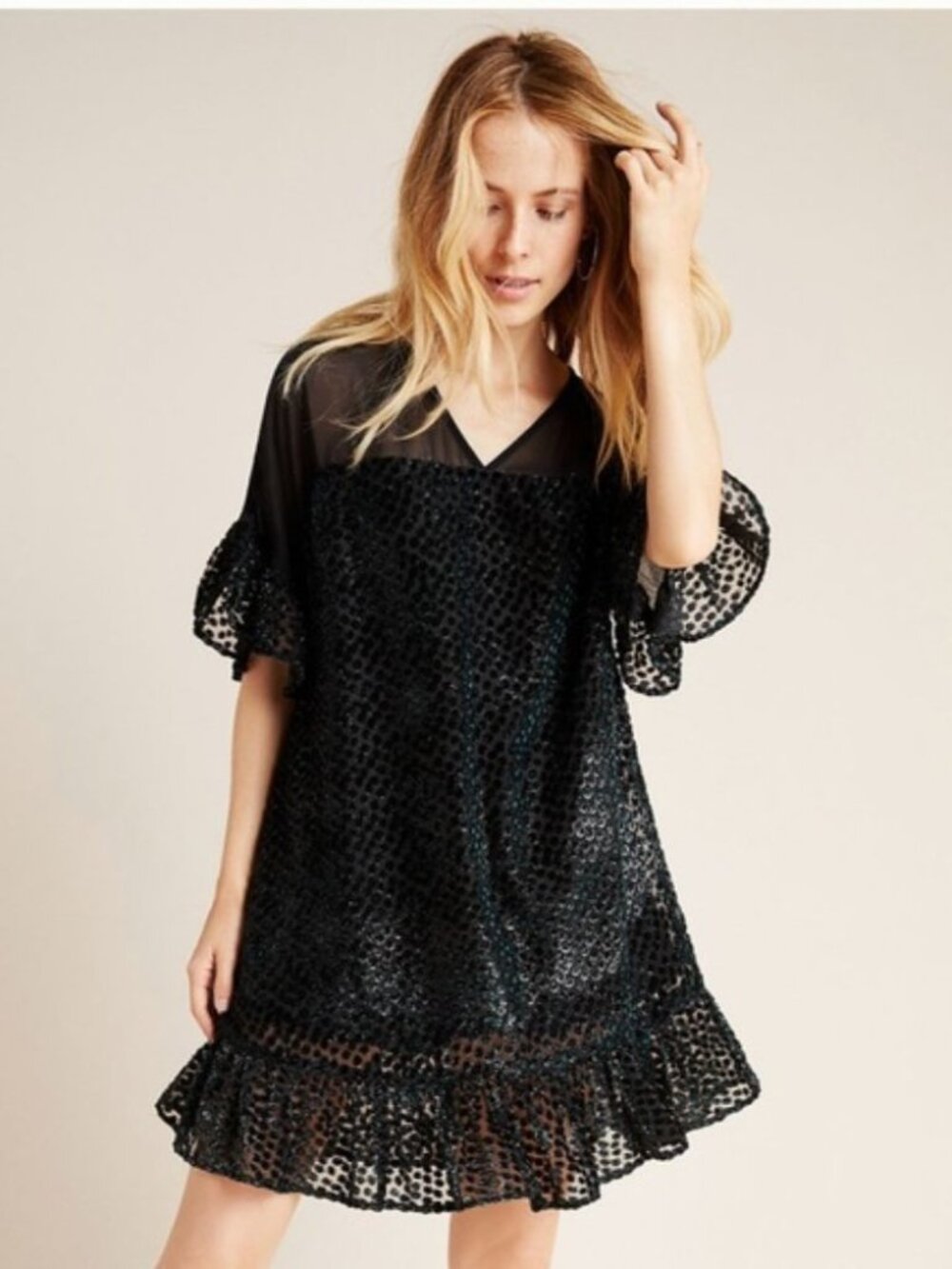 Anthropologie Amadi Black/Green Textured-Dot Mini Dress with Ruffle Size XXS